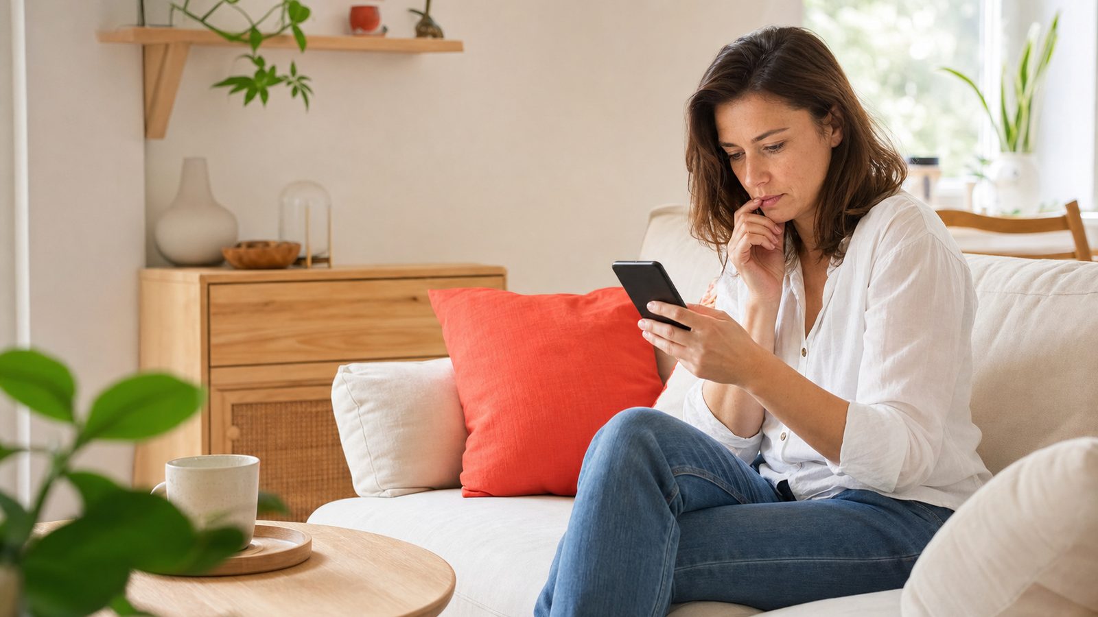 Klientka patrzy na telefon z niezdecydowaną miną